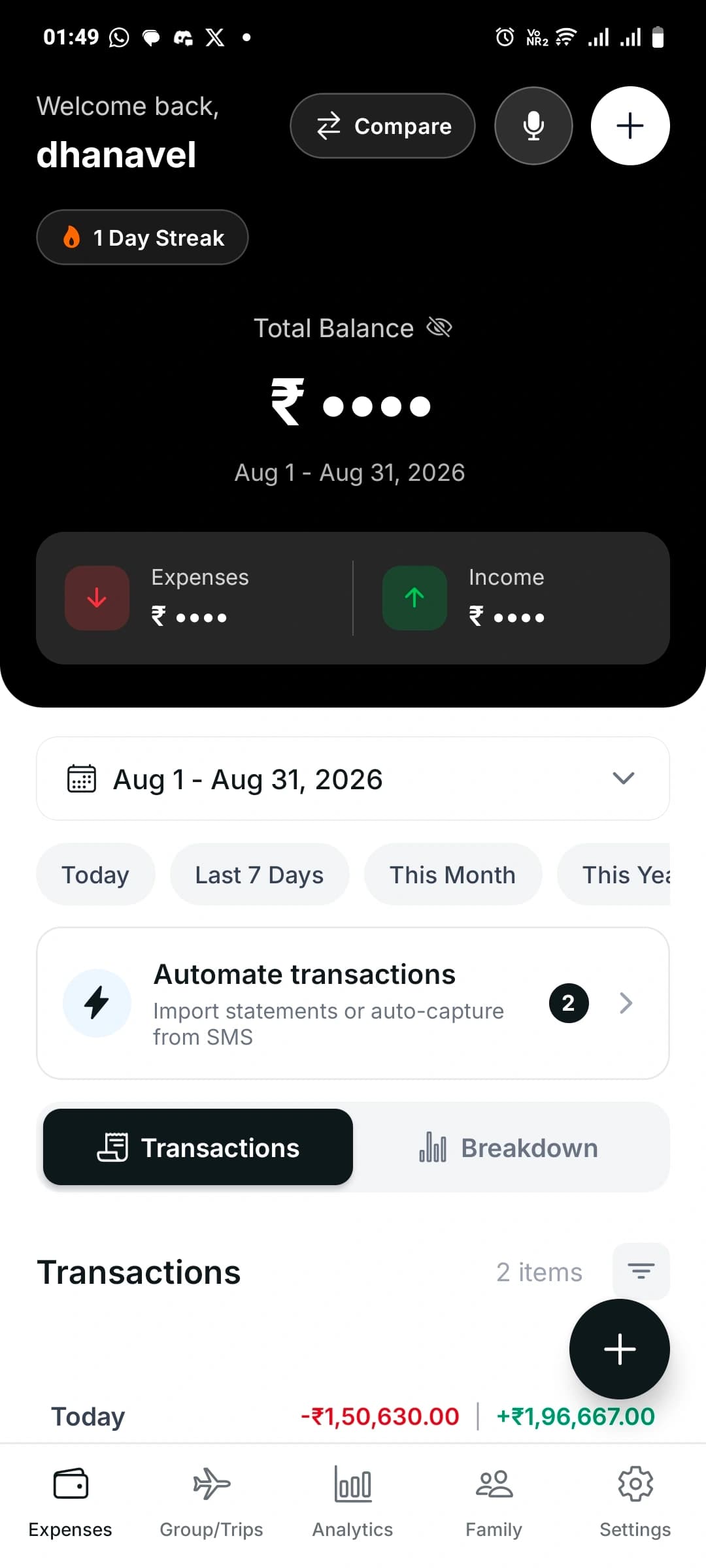 The Nami app home screen: total balance, daily streak and recent transactions
